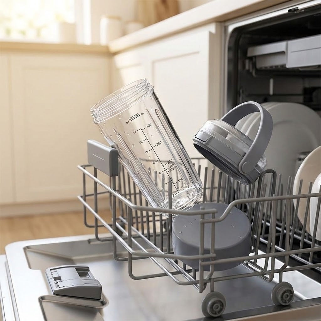 A clear glass tumbler with printed measurement markings and a gray lid resting in the dishwasher rack, with an open dishwasher visible in a bright kitchen setting.