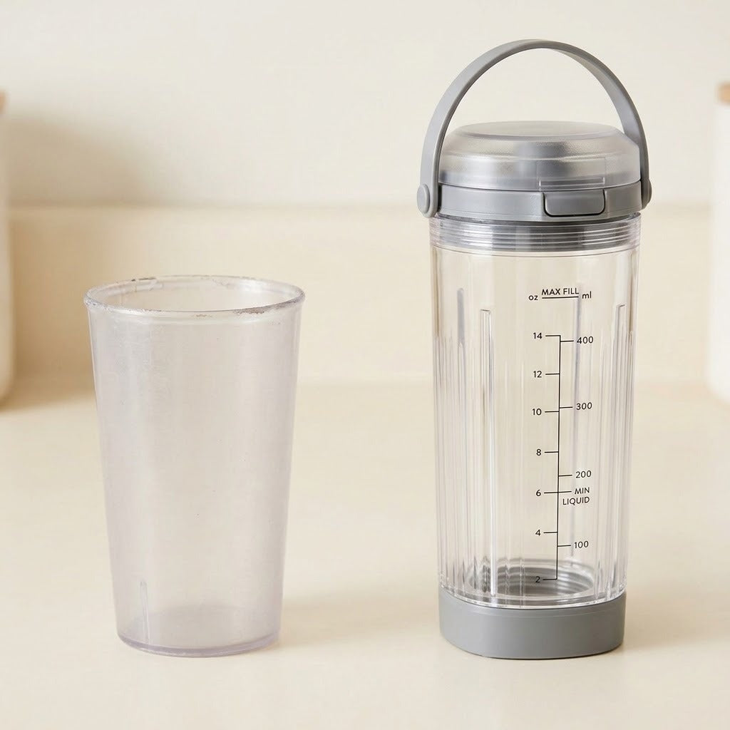 A clear plastic blender bottle with a gray lid and carrying handle, shown next to a matching clear blending cup on a light beige countertop.