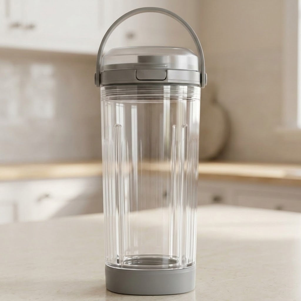A clear plastic portable blender cup with a gray lid, carrying handle, and base, standing on a light countertop with a blurred kitchen background.