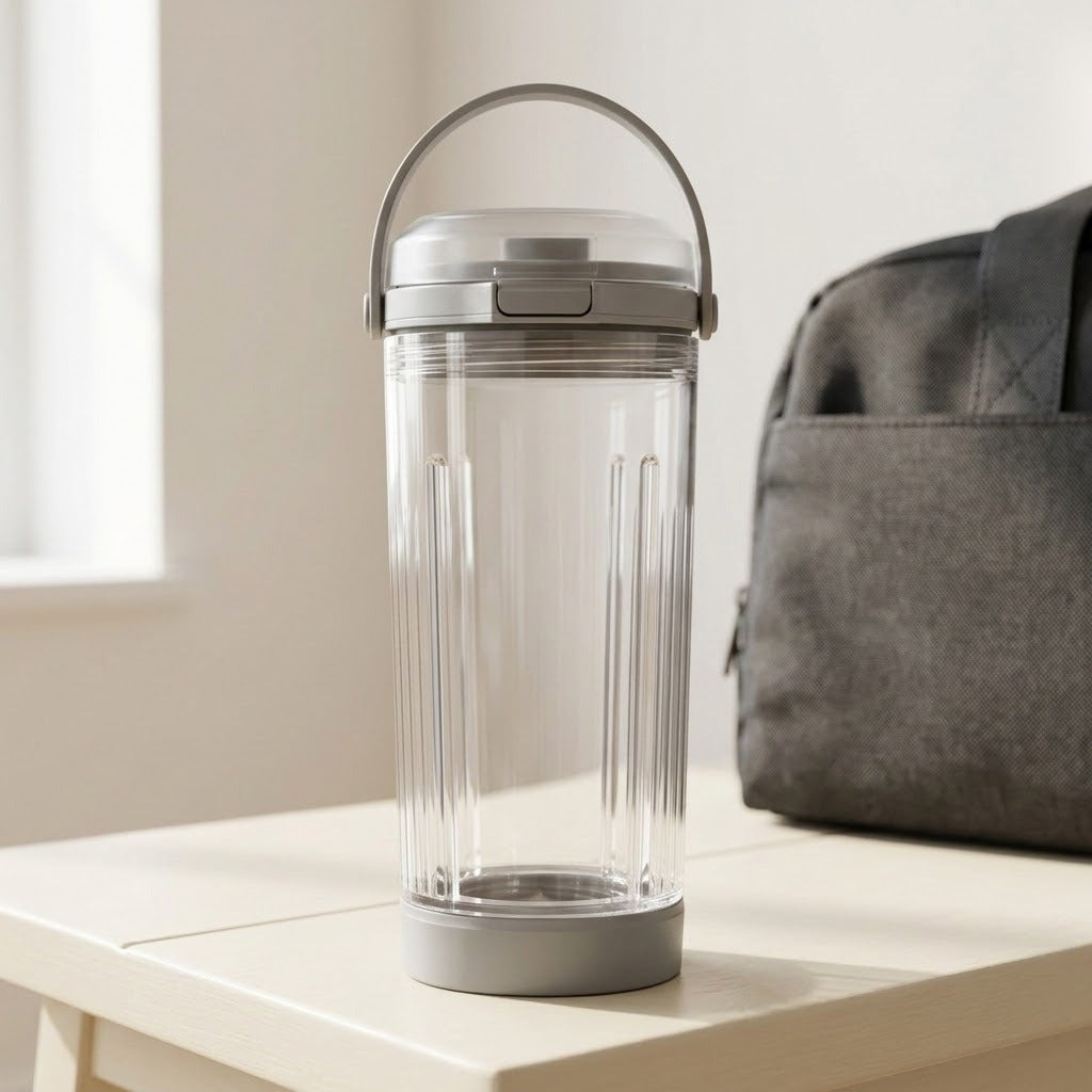A clear plastic travel tumbler with a gray lid, handle, and base, standing on a light-colored wooden table next to a gray bag.