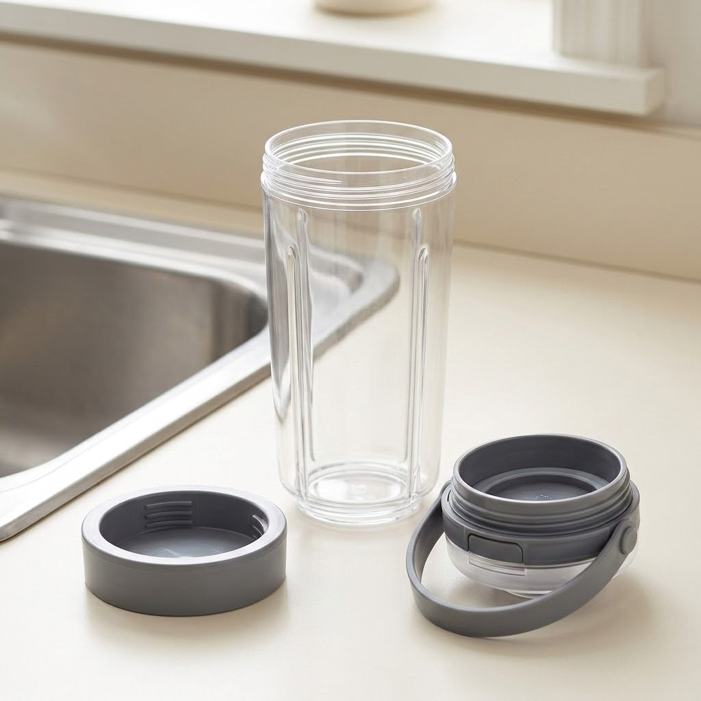 A clear plastic travel tumbler bottle with a gray lid and carrying loop, shown disassembled on a light beige countertop next to a stainless steel sink.