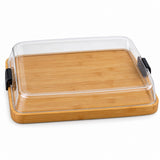 The Charcuterie Board set includes one undivided bamboo board, clear lid, and side clips.