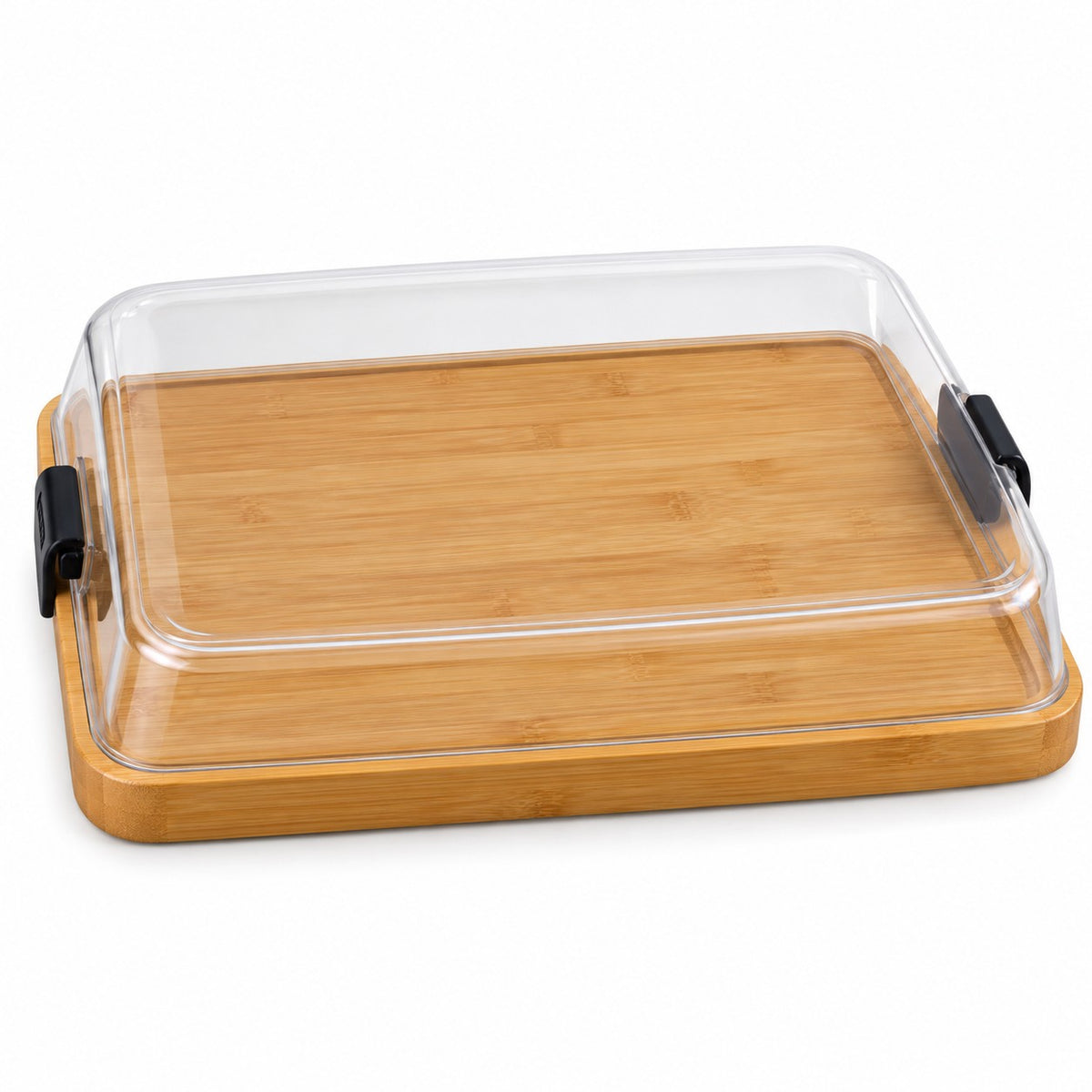 The Charcuterie Board set includes one undivided bamboo board, clear lid, and side clips.