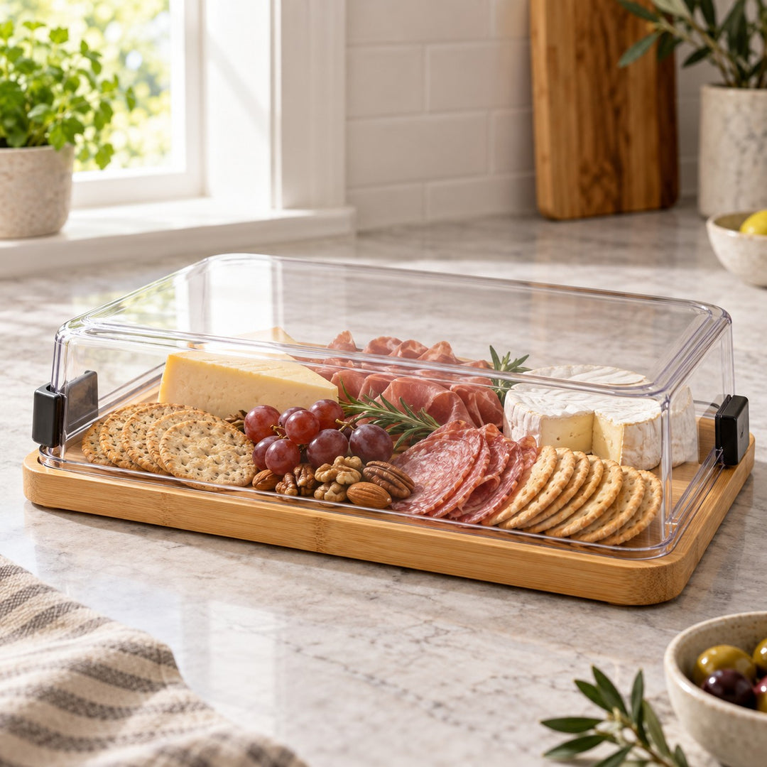 A lidded Charcuterie Board keeps cheese, meat, and crackers together on a kitchen counter.