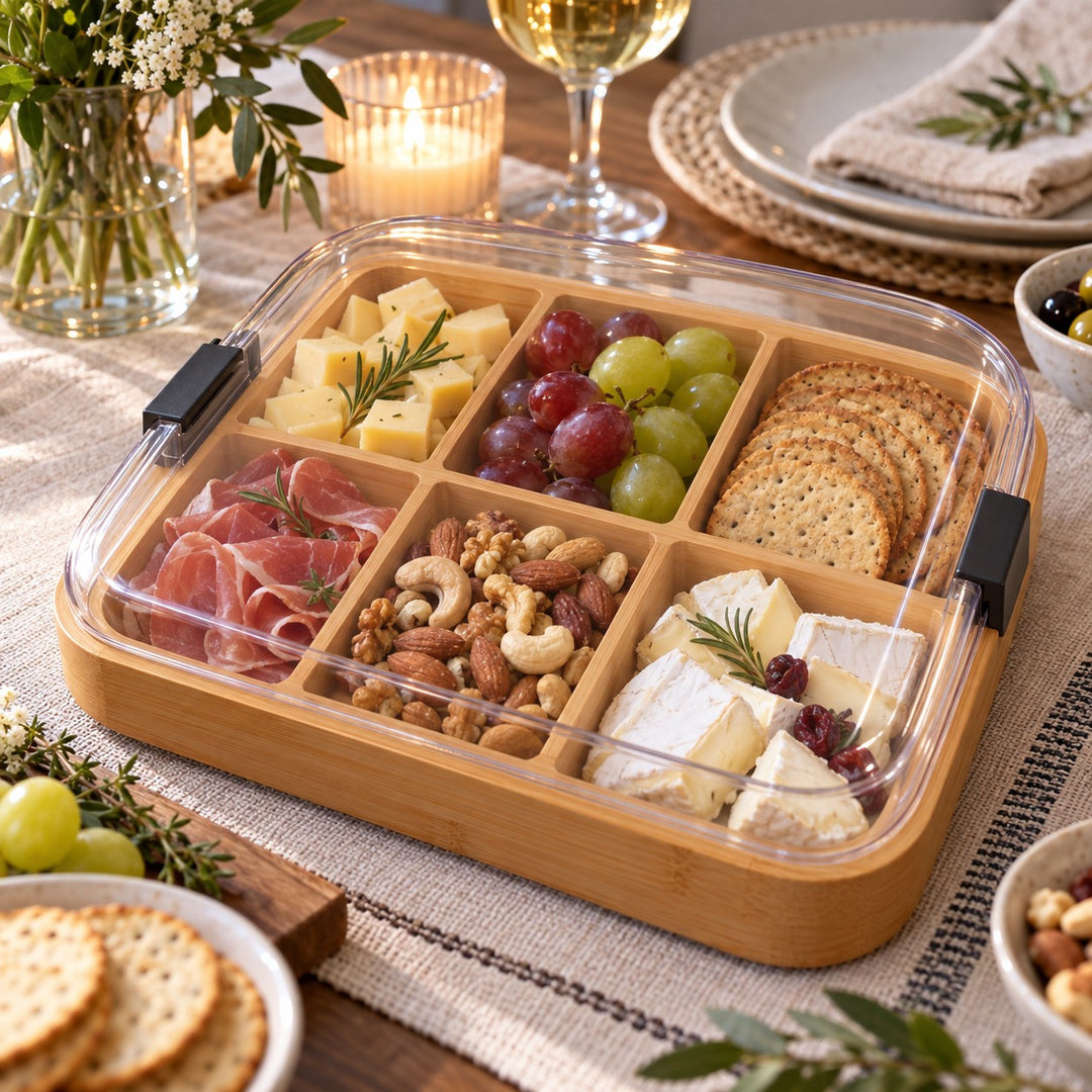 The divided Charcuterie Board displays separate cheese, crackers, grapes, and nuts at a table.