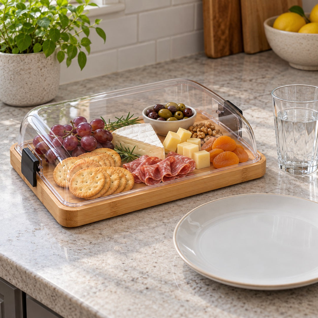 The lidded Charcuterie Board sits beside a plate and glass to show its serving scale.