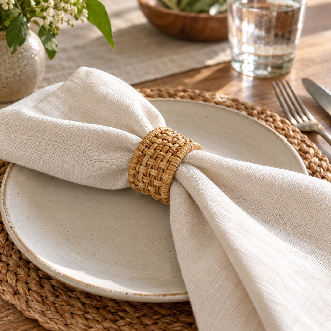 A tan woven rattan napkin ring gathers an ivory napkin on a rustic everyday dining table.