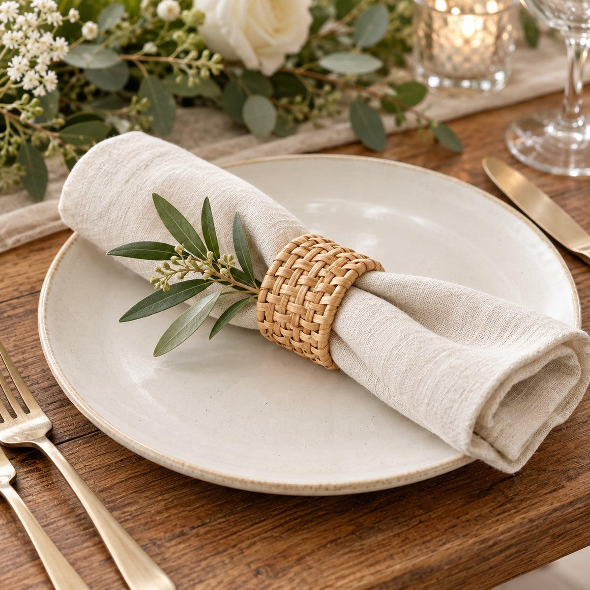 A natural tan rattan napkin ring holds a cream napkin at an elegant rustic wedding place setting.