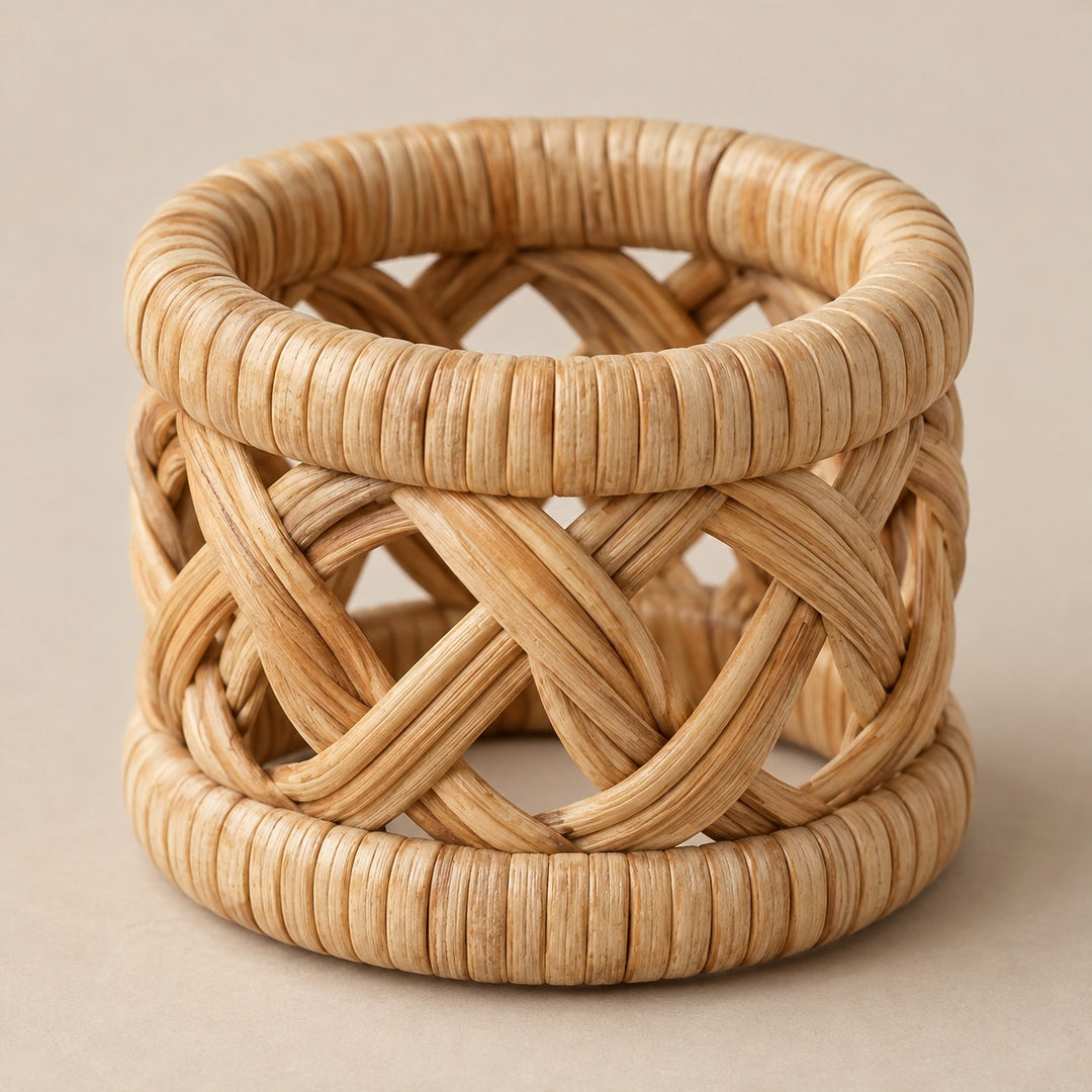 Natural tan open-weave braided rattan napkin ring centered on a soft tan studio backdrop.