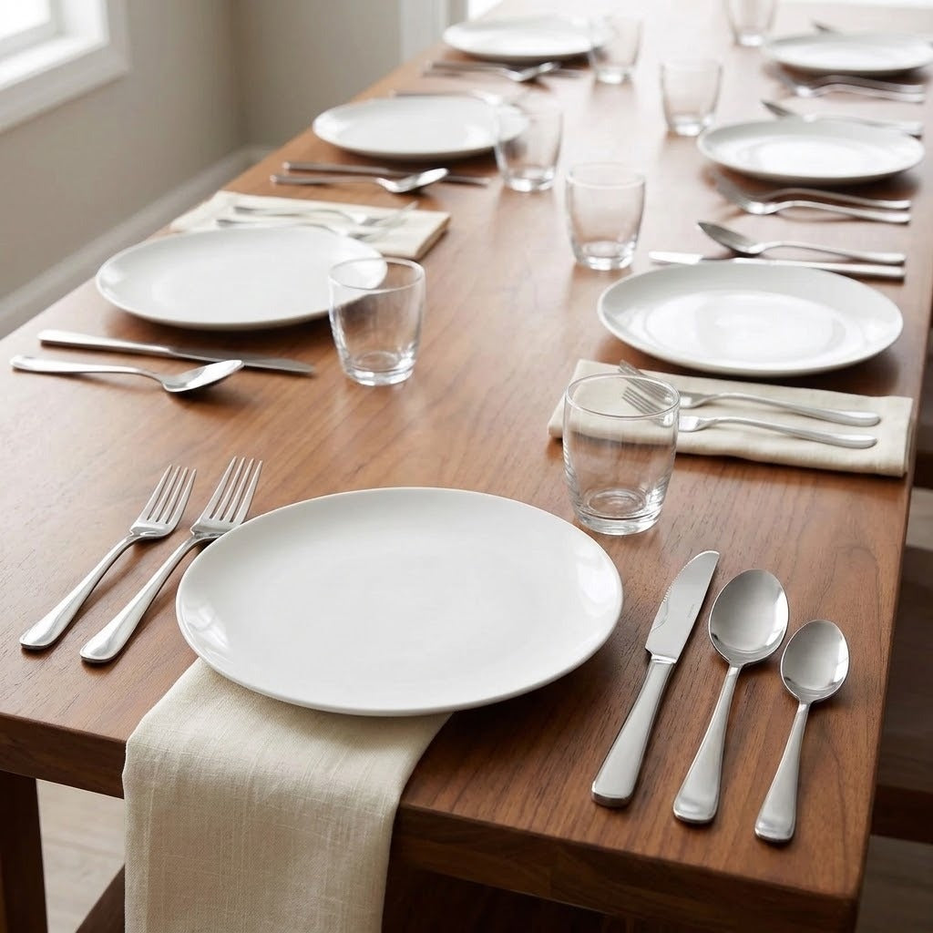 A dining table set with white ceramic plates, silver flatware, clear drinking glasses, and cream napkins on a warm brown wooden table.