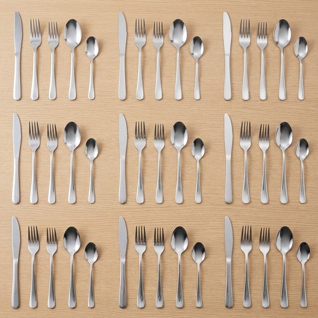 A flat-lay view of a stainless steel cutlery set arranged in a grid on a light wood grain background. The set includes forks, knives, and spoons of various sizes.