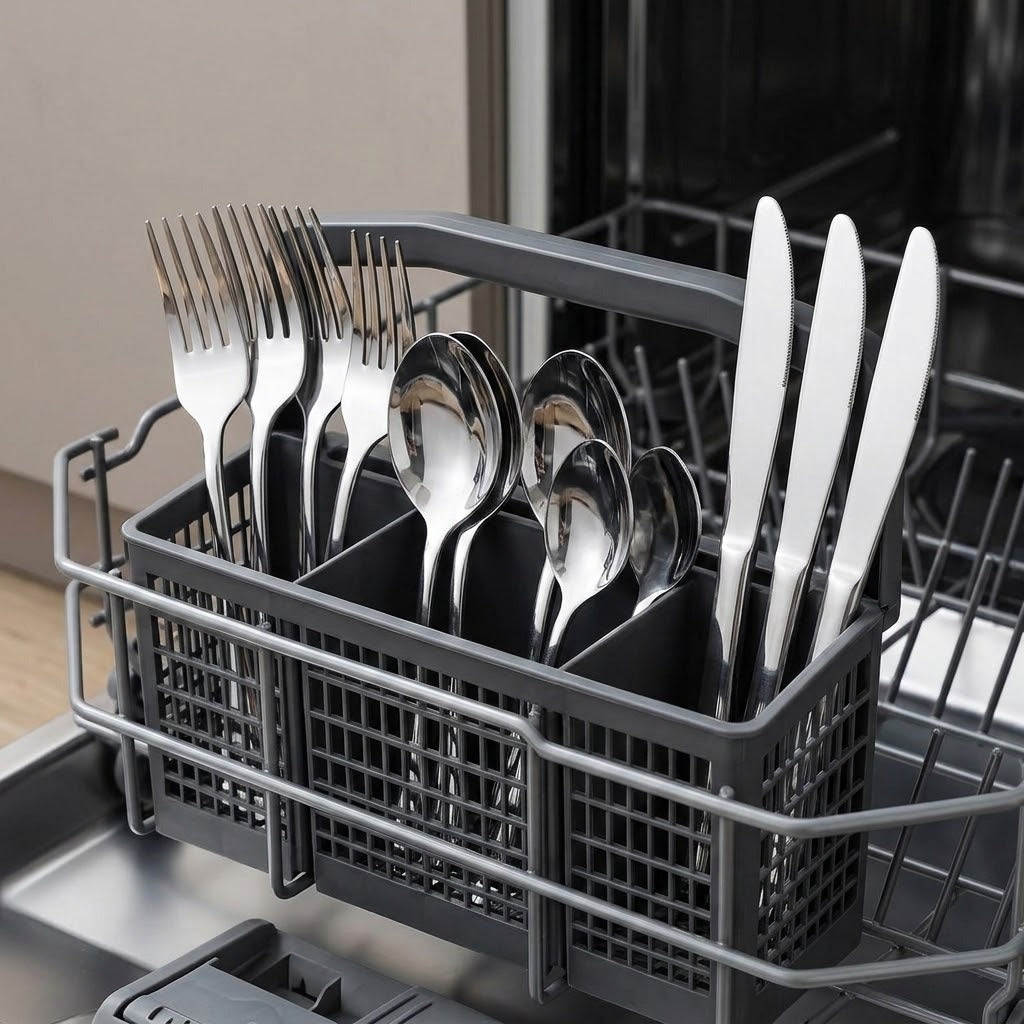 A gray dishwasher cutlery basket holding stainless steel utensils, including forks, spoons, and knives, inside a dishwasher.