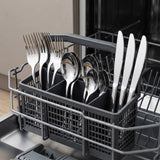 A gray dishwasher cutlery basket holding stainless steel utensils, including forks, spoons, and knives, inside a dishwasher.