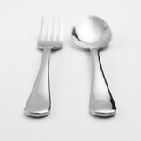 A polished stainless steel cutlery set featuring a fork and a spoon, arranged vertically side-by-side on a clean, light gray background.