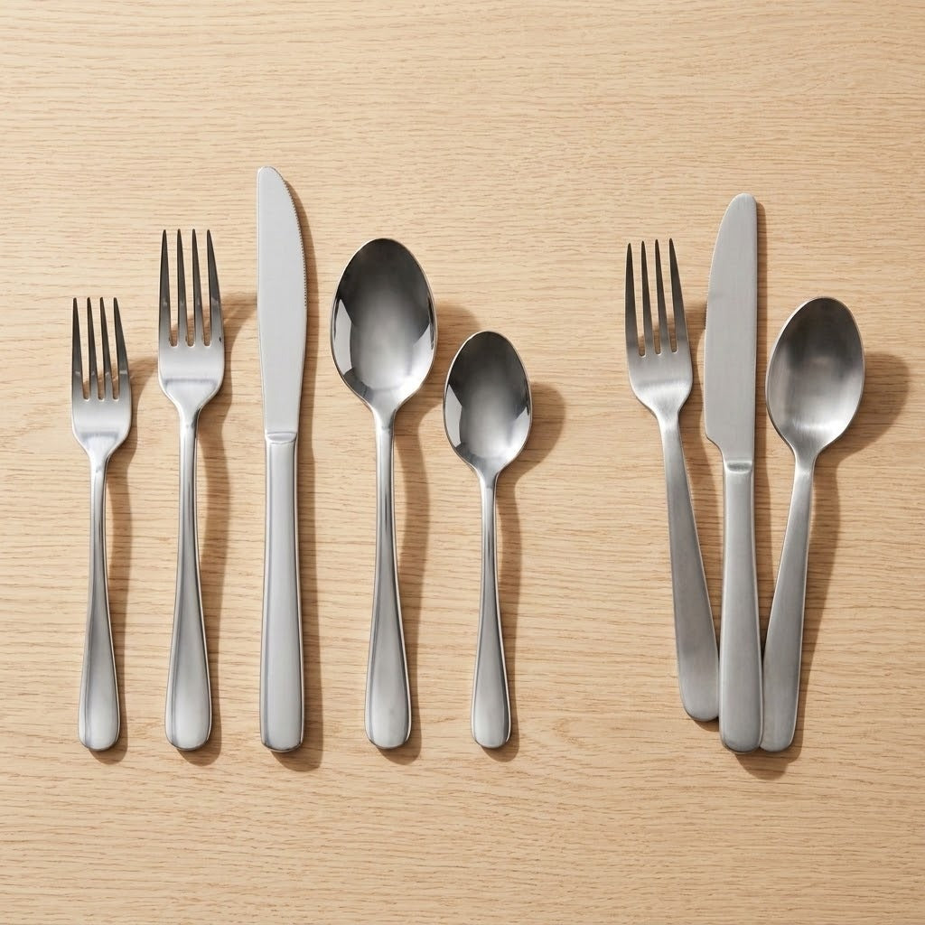 A flat set of stainless steel cutlery, including forks, knives, and spoons, arranged neatly on a light wood grain surface.
