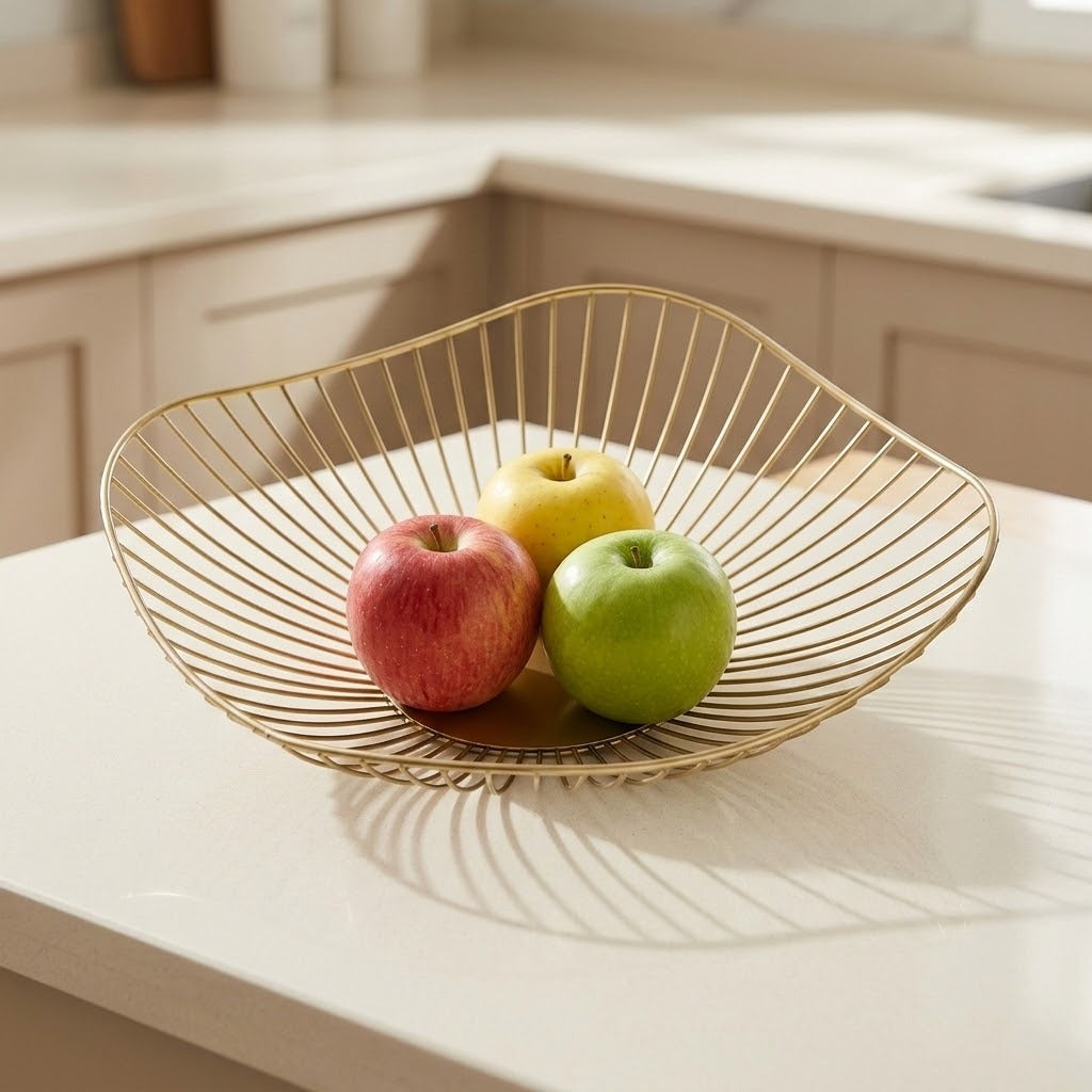 A gold wire bowl with a leaf-like organic shape sits on a white kitchen countertop, holding three apples: one red, one yellow, and one green.
