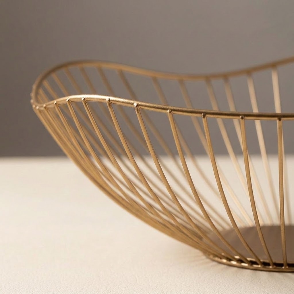 A close-up of a gold wire bowl with a curved, organic shape, resting on a light beige surface against a neutral gray background.