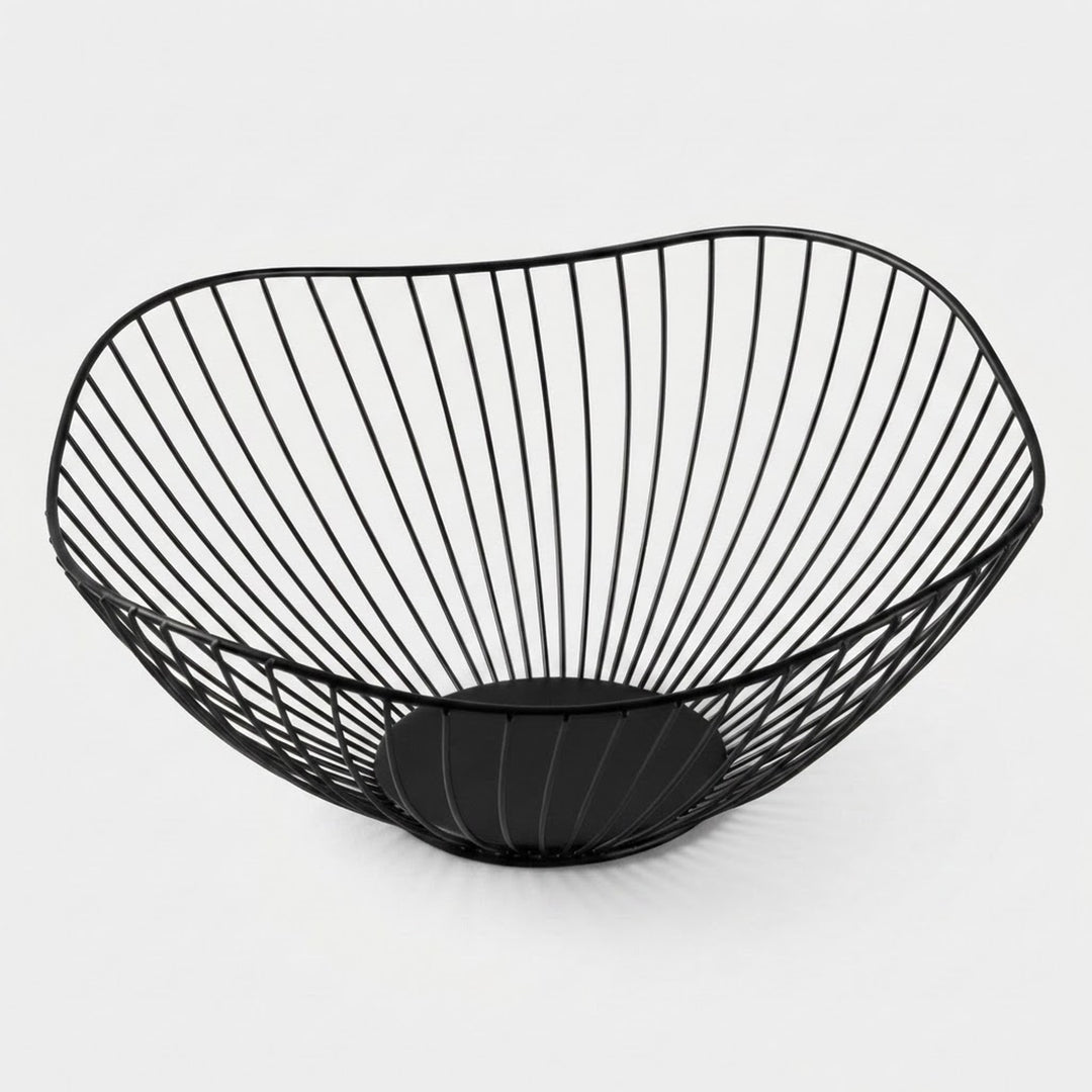 A black wire bowl with a curved, basket-like structure and a circular base, shown on a clean light gray background.