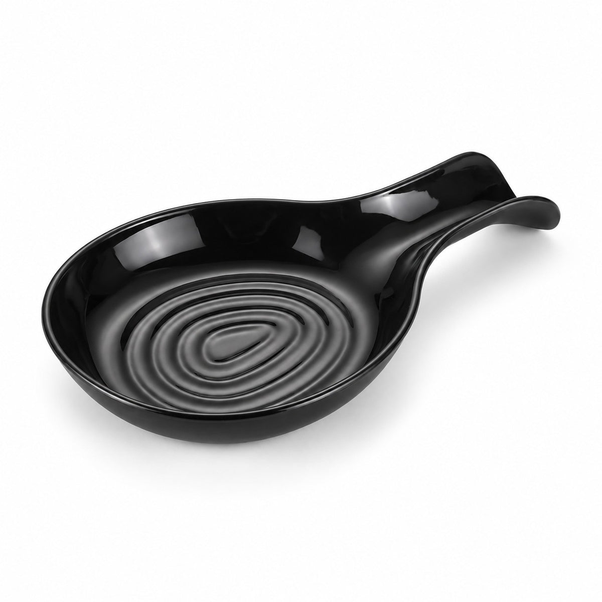 One black plastic kitchen spoon rest sits alone on a pure white studio background.