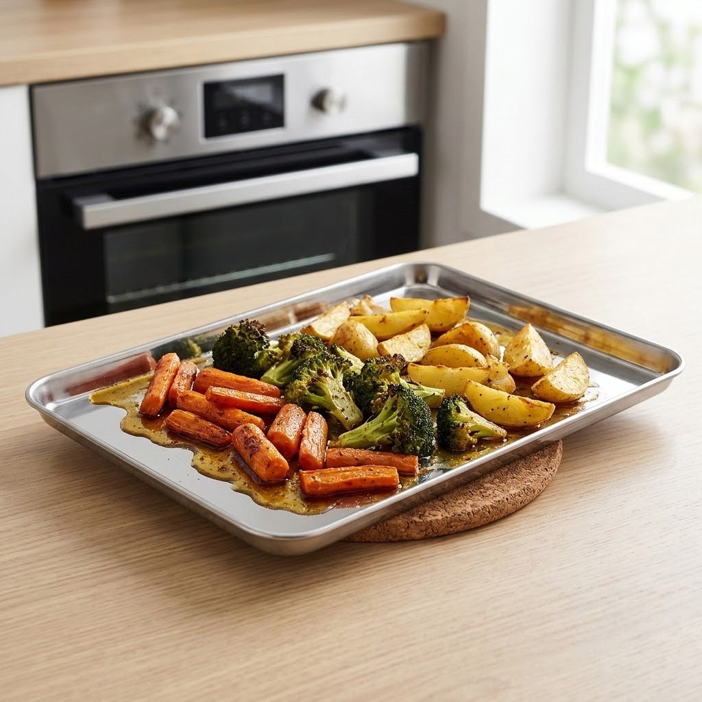 A rectangular stainless steel baking tray filled with roasted vegetables, including carrots, broccoli, and potato wedges, resting on a cork coaster on a light wood kitchen table with an oven in the background.