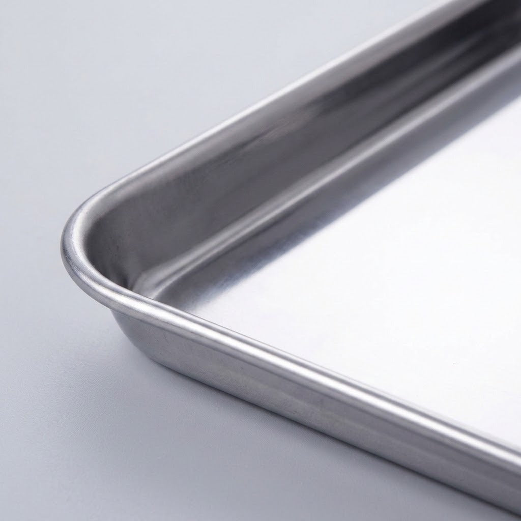 Close-up of a stainless steel baking pan showing the corner and raised rim on a light gray background.