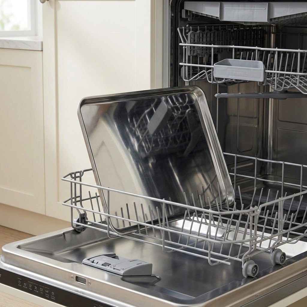 An open stainless steel dishwasher with the upper rack extended, holding a large reflective metal baking sheet and a gray dish rack insert, set in a kitchen environment.