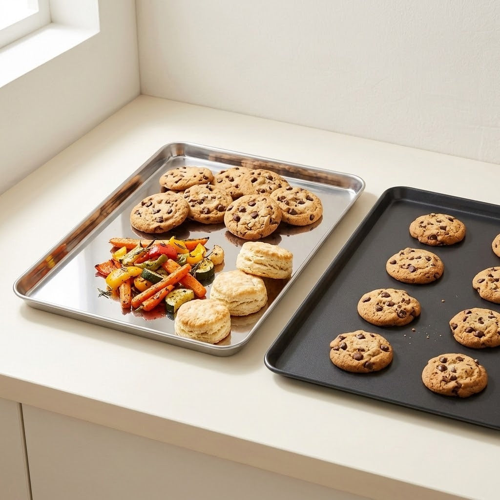 Two baking trays on a light countertop: one silver tray with chocolate chip cookies, biscuits, and roasted vegetables, and one dark gray tray with chocolate chip cookies.