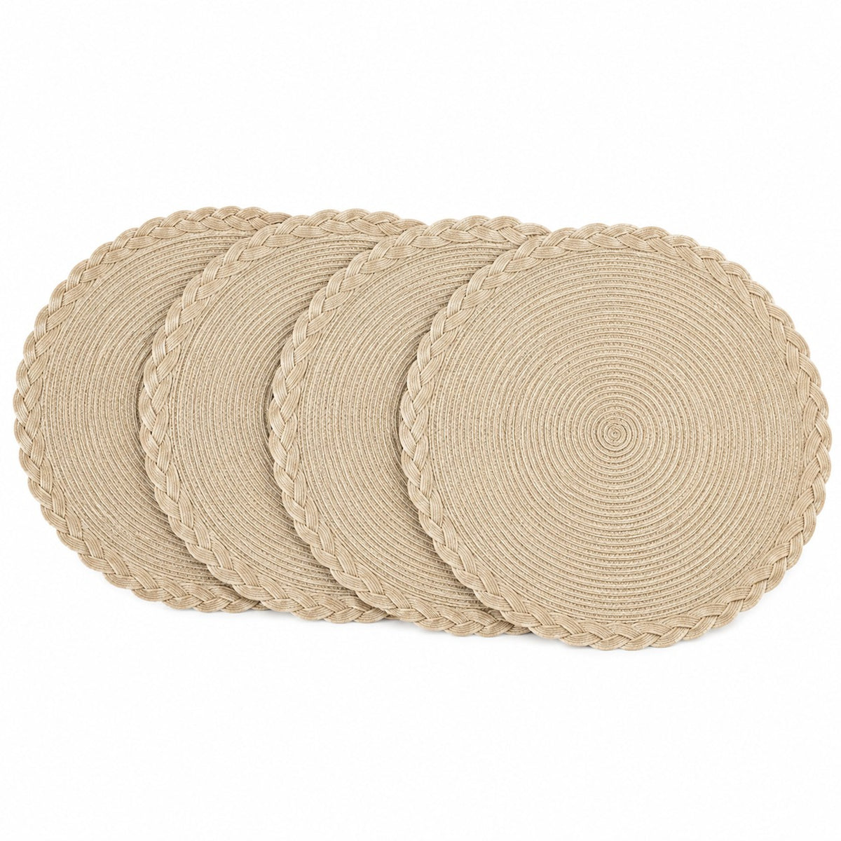 Four beige round woven placemats with braided edges arranged on a white background.