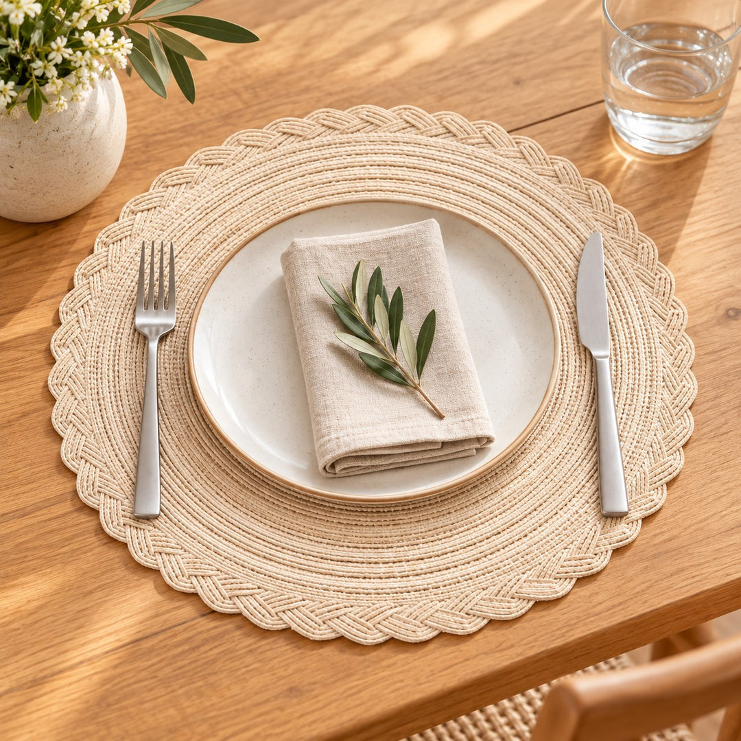 Beige round woven placemat under a plate and cutlery on a wood kitchen table.
