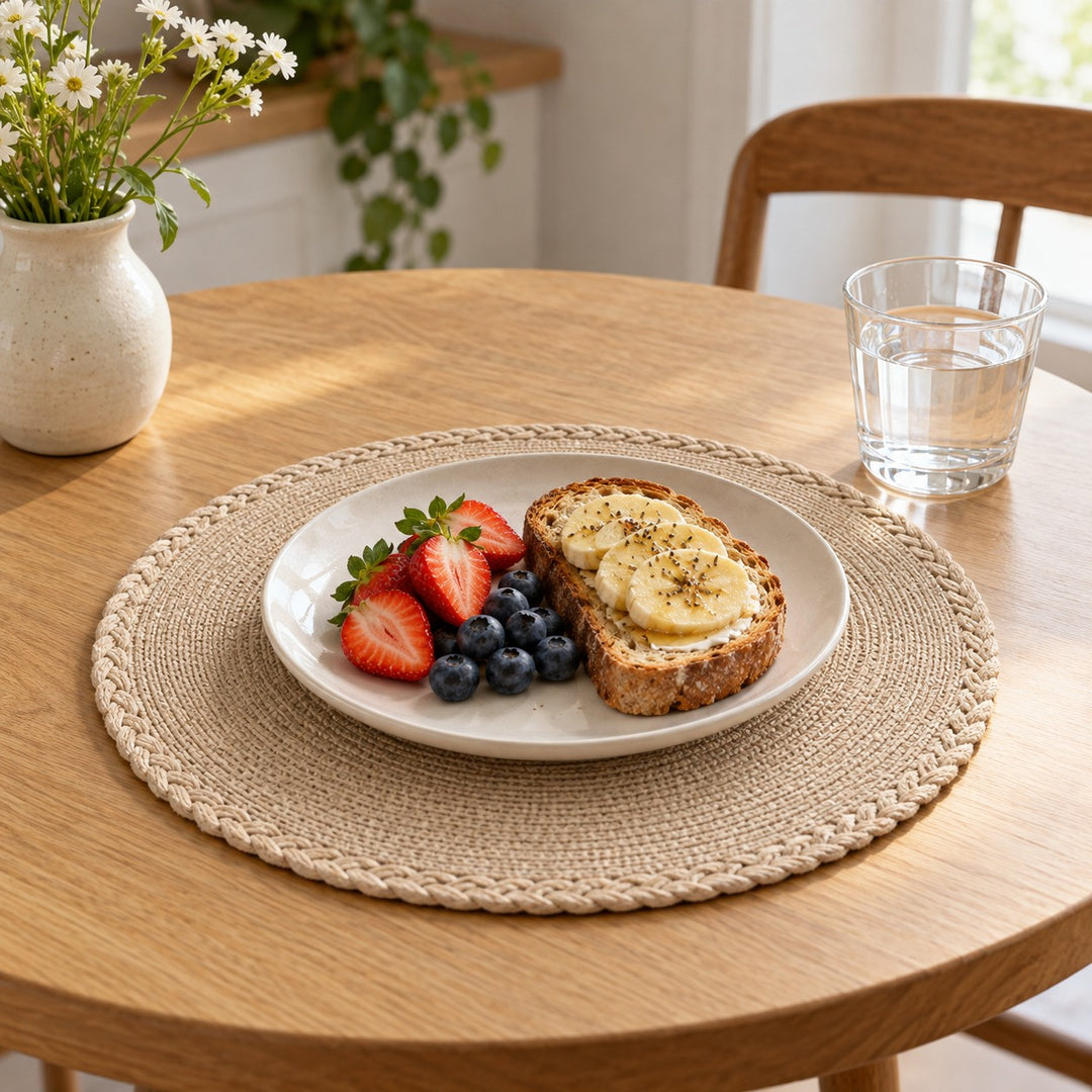 Beige woven placemat holds a plate of toast and fruit on a breakfast table.