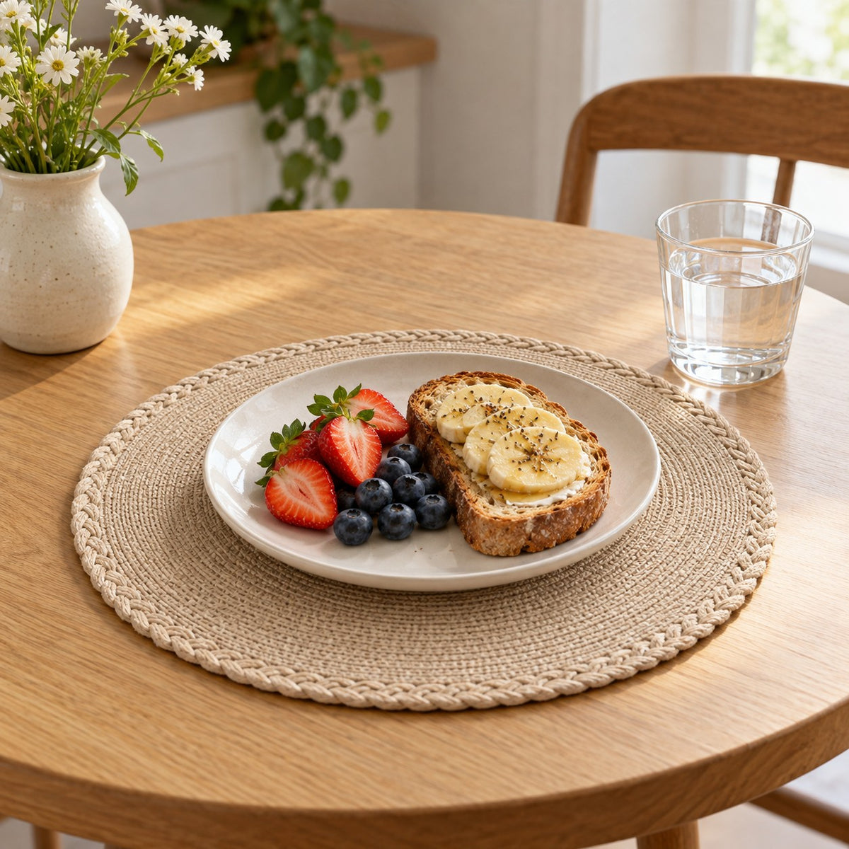 Beige woven placemat holds a plate of toast and fruit on a breakfast table.