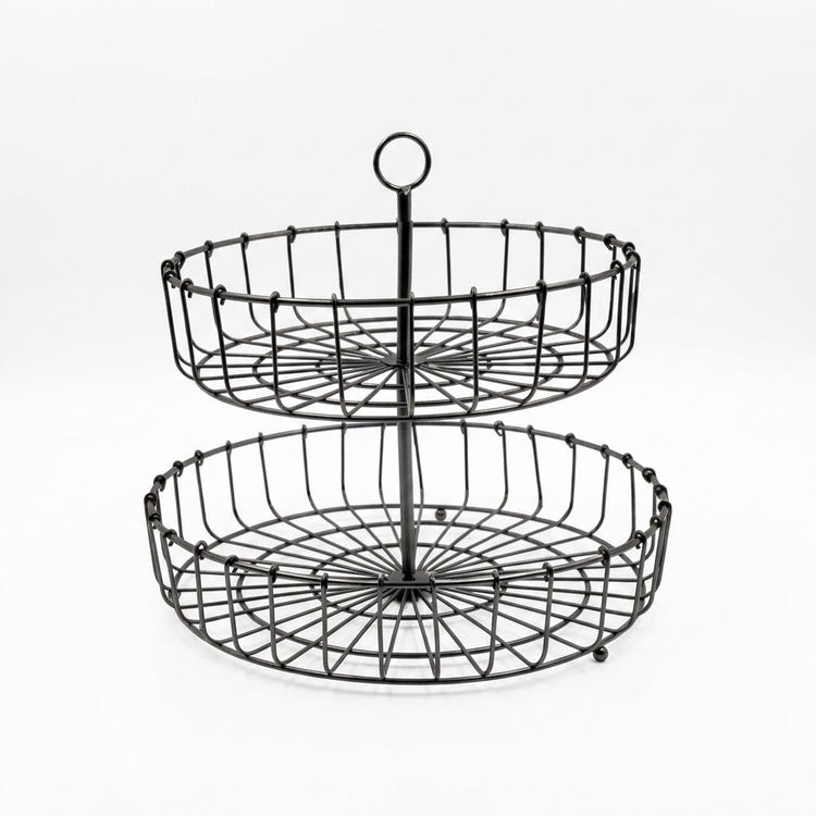 A two-tier black metal wire serving tray with a central handle, shown on a clean white background.