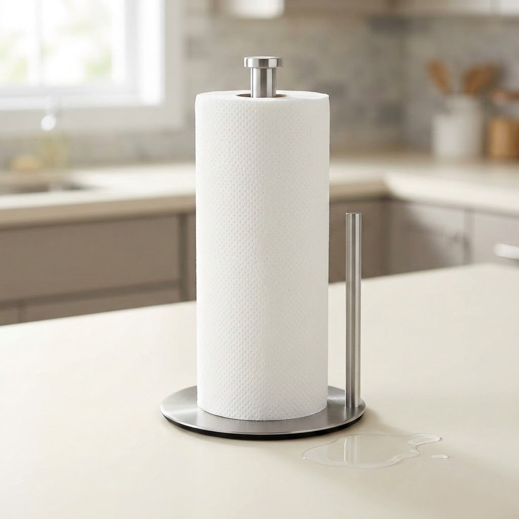 A stainless steel paper towel holder with a roll of white paper towels on a kitchen countertop, with a blurred kitchen background.