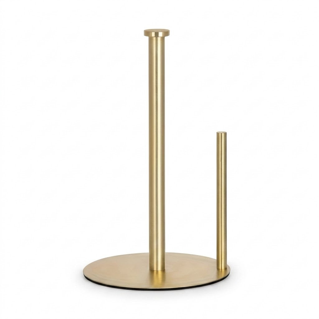 A modern two-stick paper towel holder with a round base and a brushed brass/gold finish, shown on a plain white background.