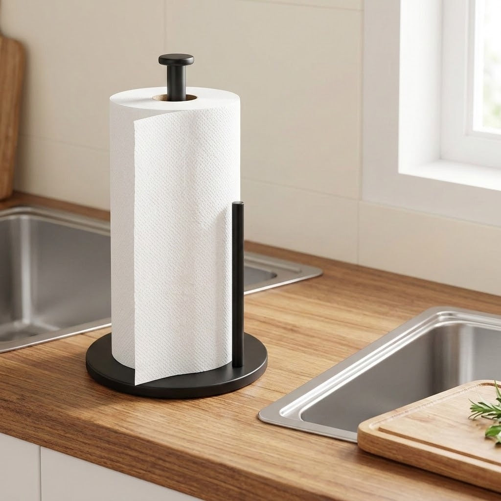 A black paper towel holder with a roll of white paper towels, set on a wooden kitchen countertop near a sink.
