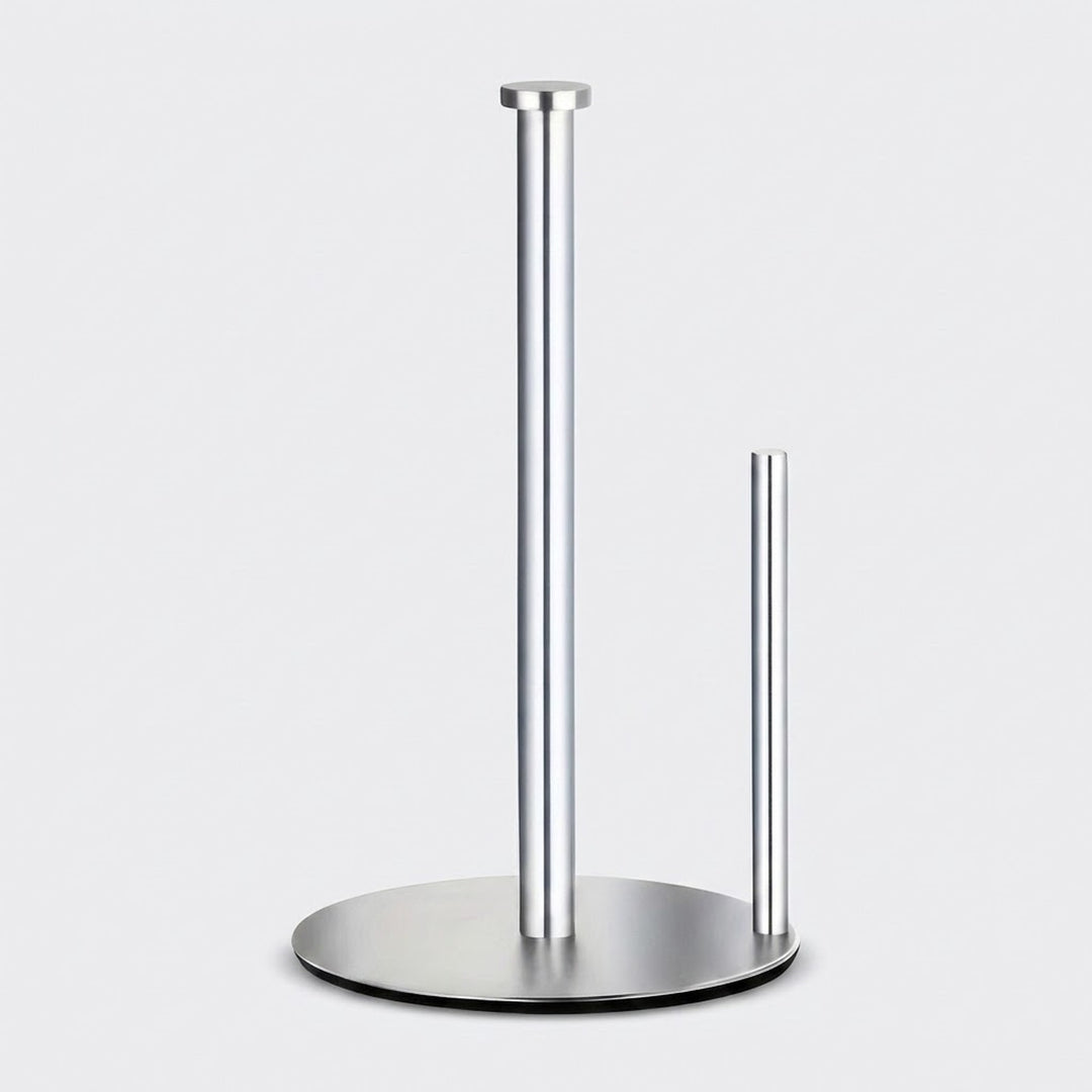 A modern stainless steel paper towel holder with a circular base, featuring one tall pole and one short side pole, shown on a light gray background.
