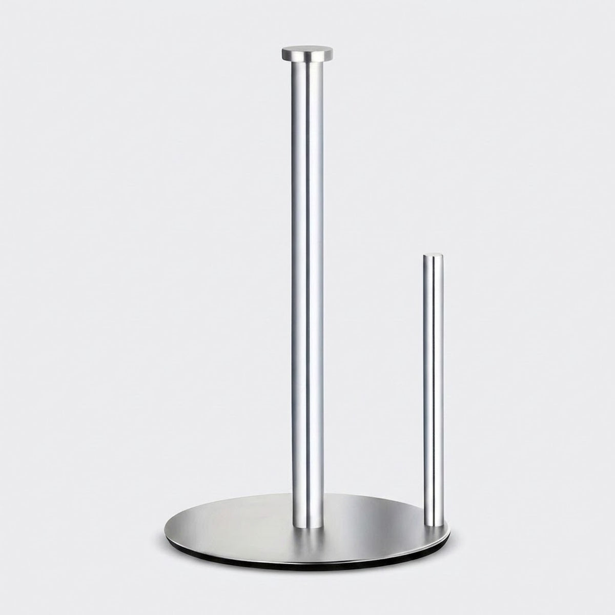 A modern stainless steel paper towel holder with a circular base, featuring one tall pole and one short side pole, shown on a light gray background.