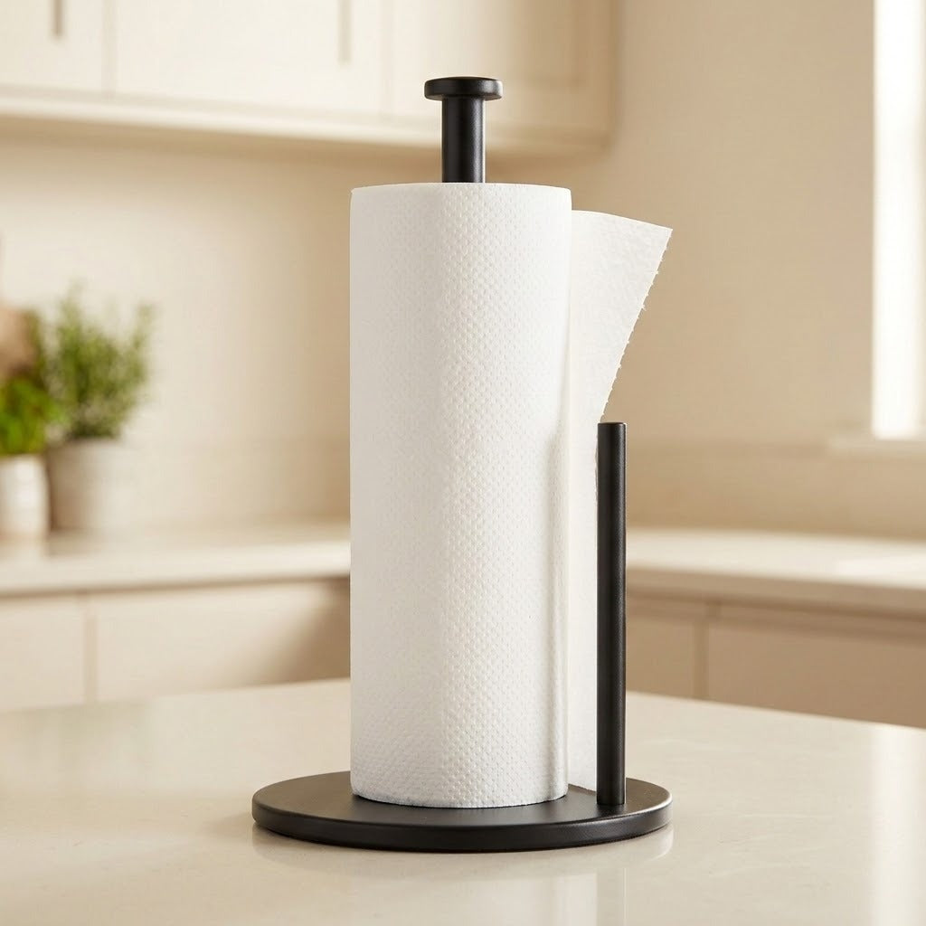 A black paper towel holder with a roll of white paper towels, set on a light beige kitchen countertop with a blurred kitchen background.