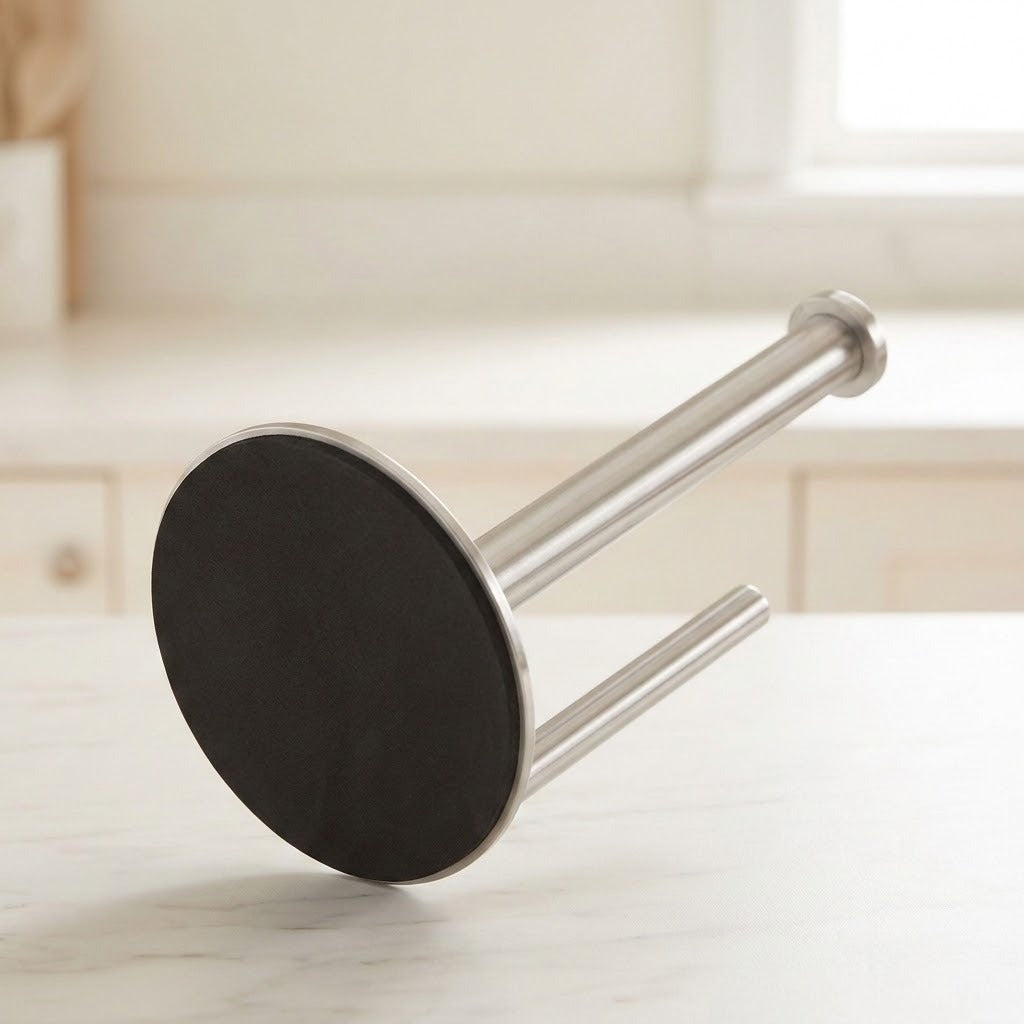 A modern wall-mounted double hook with a brushed silver metal finish and a black circular plate, shown on a light marble countertop in a bright kitchen setting.