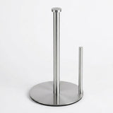 A modern stainless steel paper towel holder with a circular base, a tall main stand, and a smaller side stand, shown on a light gray background.