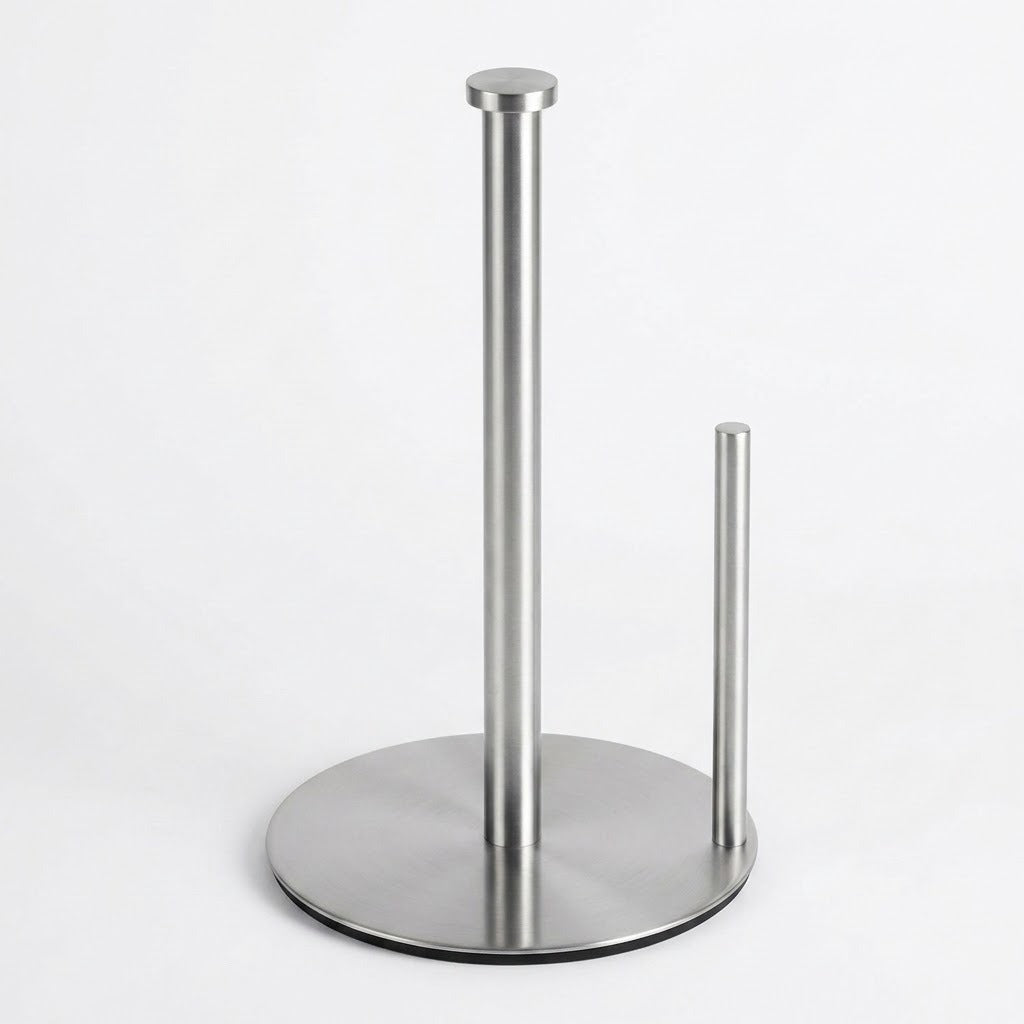 A modern stainless steel paper towel holder with a circular base, a tall main stand, and a smaller side stand, shown on a light gray background.