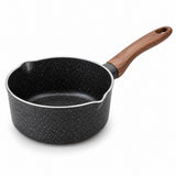 Nonstick saucepan shown alone with its speckled body, wooden handle, and pour spouts on white.