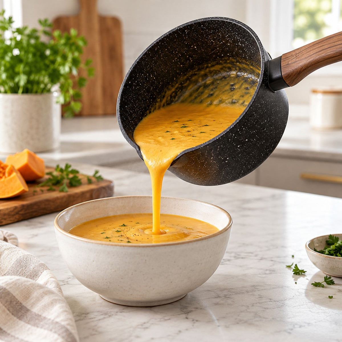 Nonstick saucepan pours sauce from its spout into a serving bowl on a bright kitchen counter.