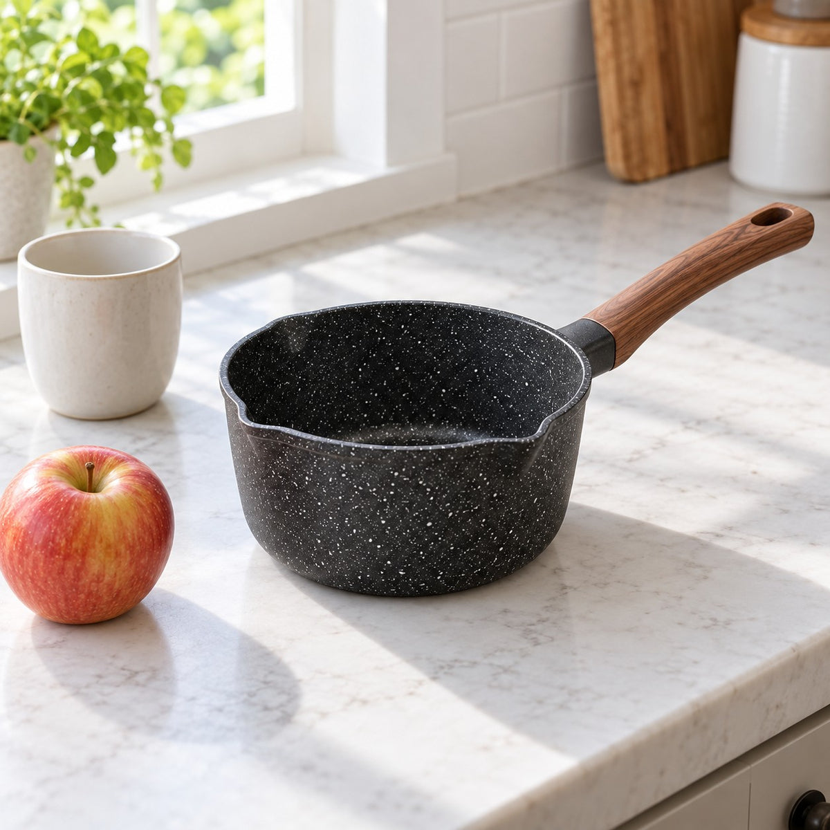 Compact speckled nonstick saucepan shown beside a ceramic cup and apple for everyday scale.