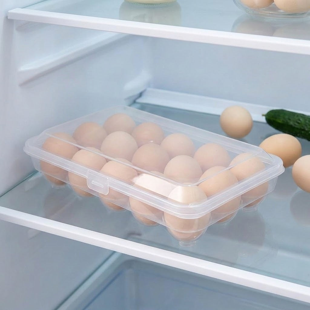 A clear plastic egg tray organizer filled with brown eggs, shown inside a refrigerator shelf with additional eggs and a cucumber nearby.