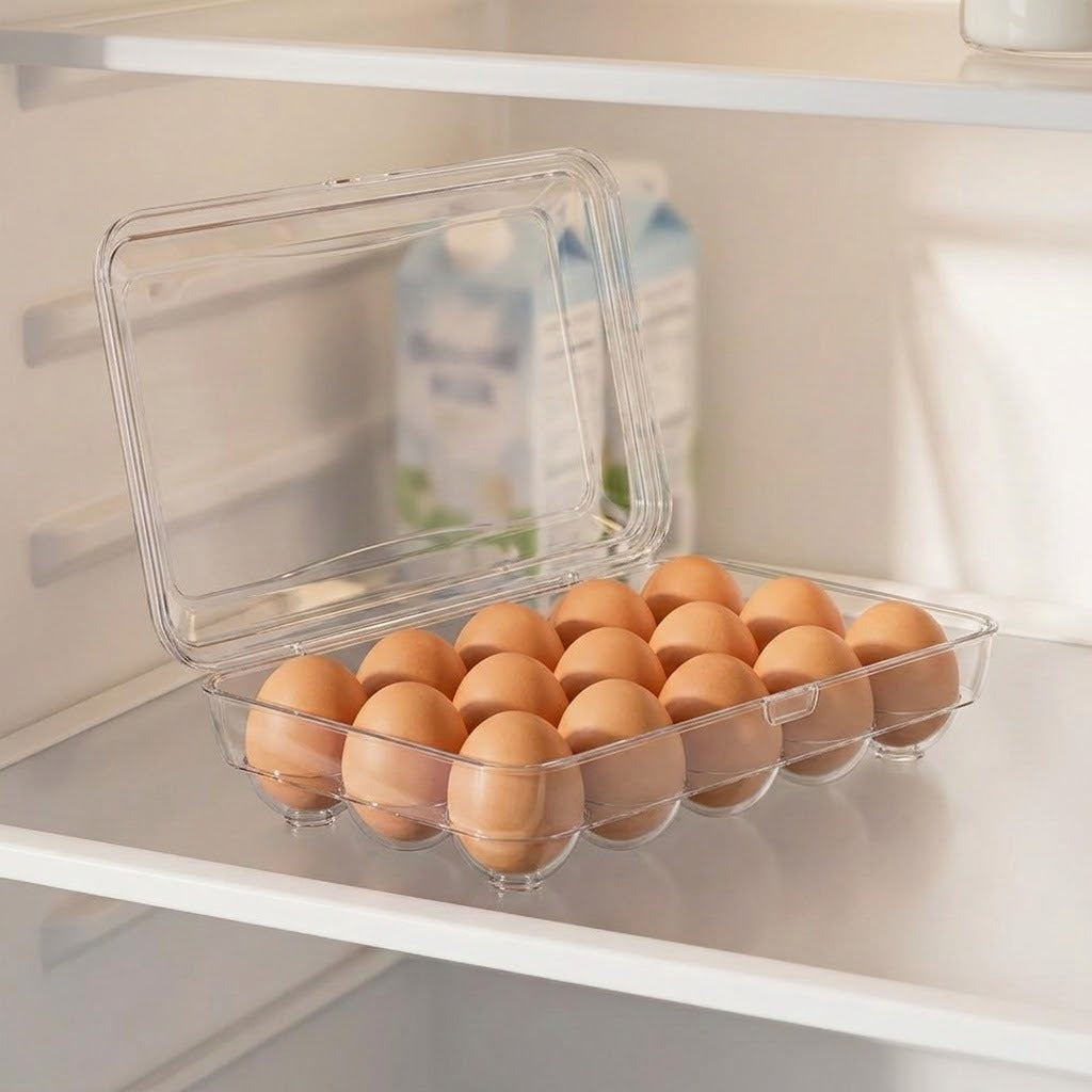A clear plastic egg carton filled with brown eggs, shown on a refrigerator shelf with a carton in the background.