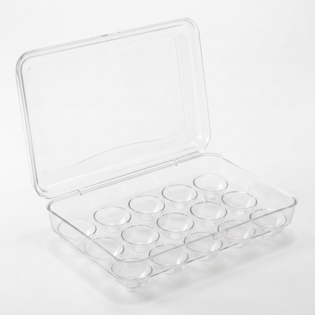 A clear plastic round cup organizer case with a hinged lid, shown open on a white background.