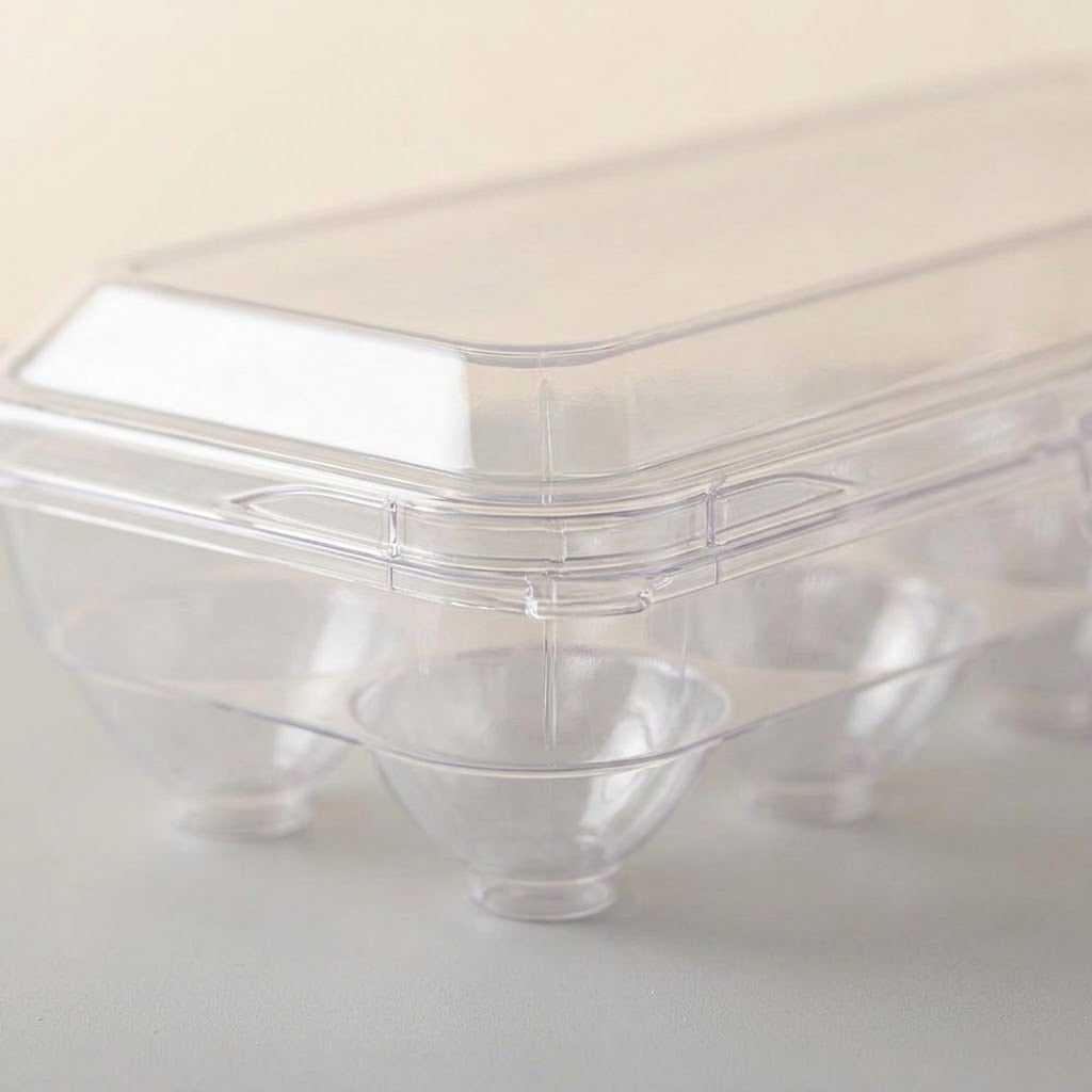 A clear plastic egg carton with a transparent lid, photographed on a light neutral background.