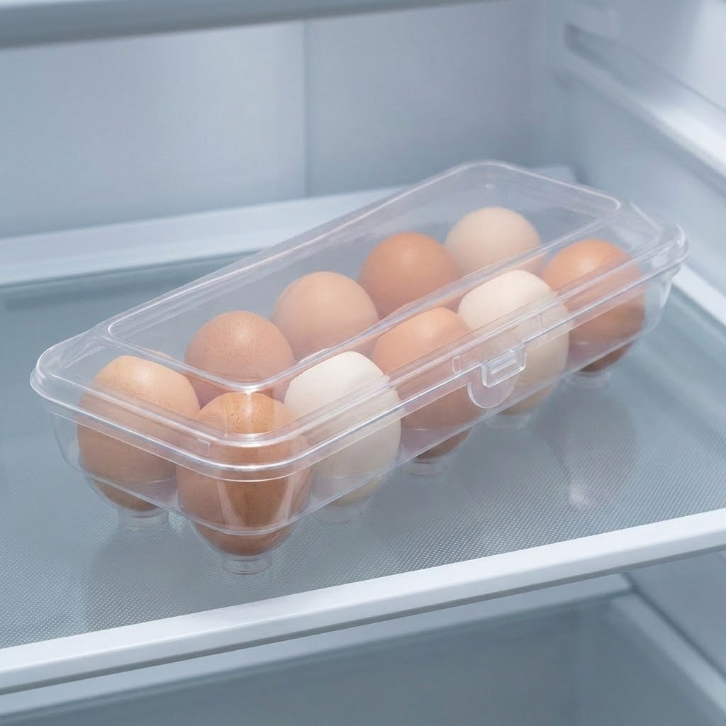 A clear plastic egg tray holding multiple brown and off-white eggs, placed on a glass shelf inside a refrigerator.