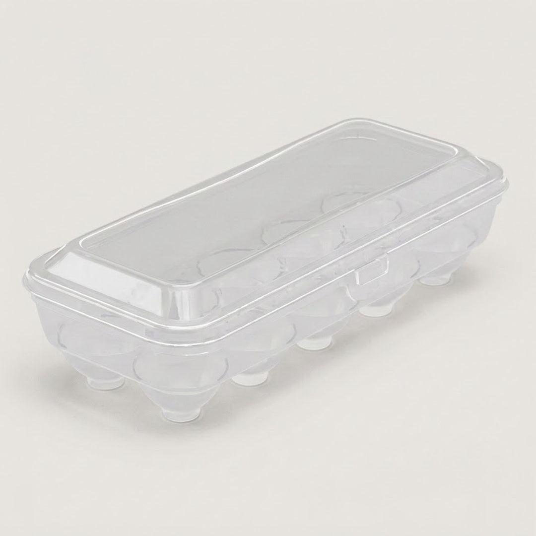 A clear plastic egg carton with a matching transparent lid, photographed on a plain light background.